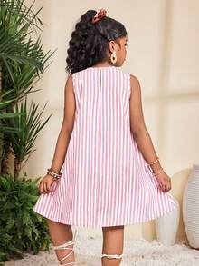 SHEIN Đầm dáng chữ A không tay, cổ tròn, dệt kim, cổ điển, retro, phối họa tiết sọc, dành cho bé gái tuổi teen, màu hồng, thích hợp mặc đi nghỉ mát. - Hồng - Xem 2