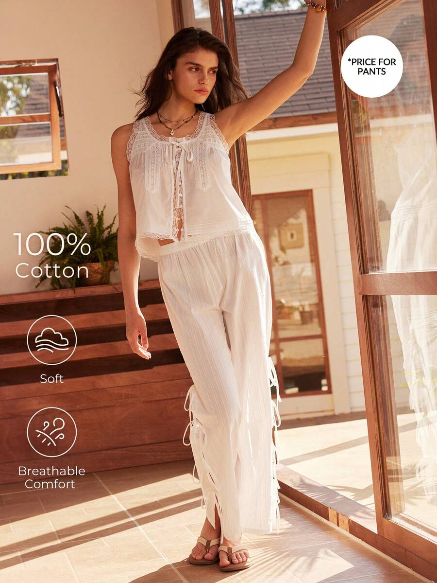 Lullawish Women's Bohemian Casual Vacation Comfortable Jacquard Woven Side Slit Tie-Up Lounge Pants - White - View 1
