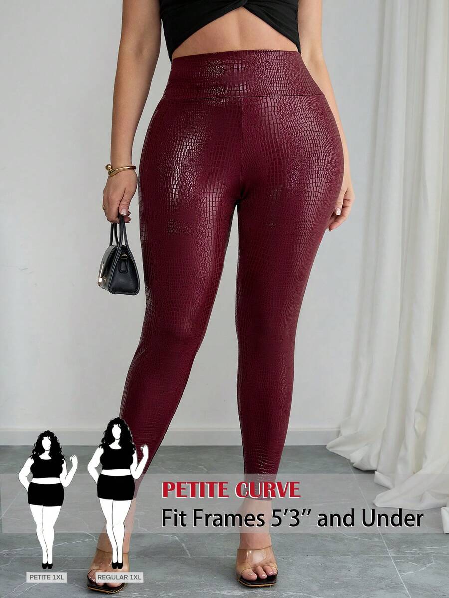 SHEIN PETITE CURVE 大码女士黑色口袋皮质紧身裤，简约风格，适合通勤、度假、派对、运动、日常穿着，带口袋，可作裤子穿着，也适合通勤和工作场合。 - 中紫紅色 - 查看 1