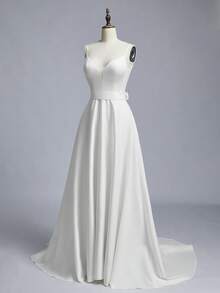Glamrae Petite Đầm maxi satin trắng thanh lịch, tối giản, cổ chữ V, hở lưng, thắt nơ điều chỉnh được, có túi bên hông và đuôi váy dài, thích hợp làm đầm cưới. - trắng - Xem 12