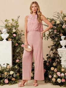 Amorya 2pcs/Set Women Regular Pink Lace Blouse + Maxi Jumpsuit - Pink - View 6