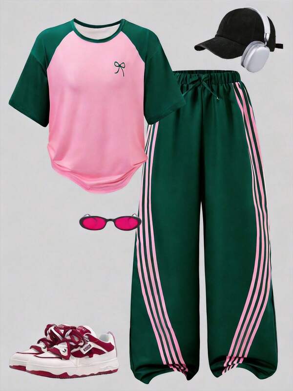 This Set Includes A Pink And Green Color-Block Short Sleeve T-Shirt With A Bow Decor Pattern, Paired With A Straight-Leg Loose Casual Pants. The Sweet And Cool Mixed Style Is Suitable For Daily Wear, And Can Be Accessorized To Add More Vitality.