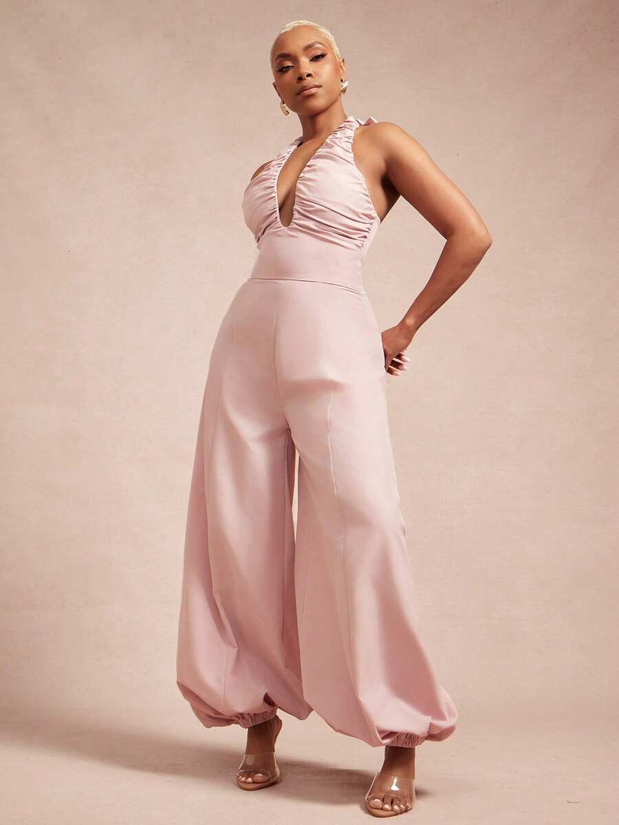 Vixey 纯色编织褶皱露背领灯笼下摆连体裤 - 藕粉色 - 查看 1