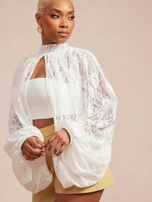 Vixey 薄纱蕾丝蝙蝠袖开衩下摆灯笼袖上衣 - 白色 - 查看 5