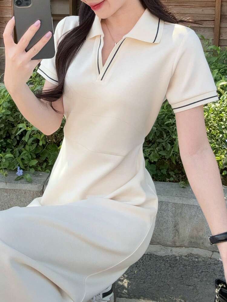 Women's Casual Colorblock Trim Short Sleeve Dress, Summer