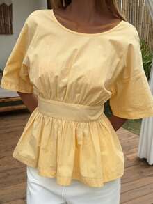 Livesso Áo kiểu nữ cổ tròn, hở lưng, màu vàng thắt nơ - Màu vàng - Xem 3