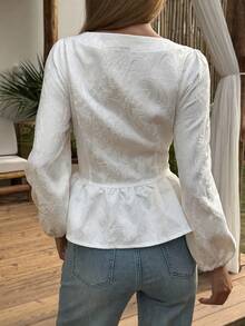 DAZY Textured Jacquard Fabric Fitted Waist Flared Hem Square Collar Long Sleeve Elegant Summer Blouse For Women Babydoll Top - White - View 4