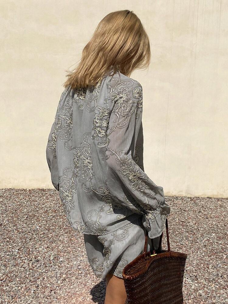 Textured Jacquard Embroidered Fabric Loose Long Sleeve Pullover Shirt And Straight Shorts Elegant Summer Vacation 2-Piece Set For Women