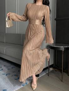 DAZY Đầm maxi nữ thanh lịch, màu trơn, xếp ly, eo, thích hợp cho công sở. - Màu Khaki - Xem 1