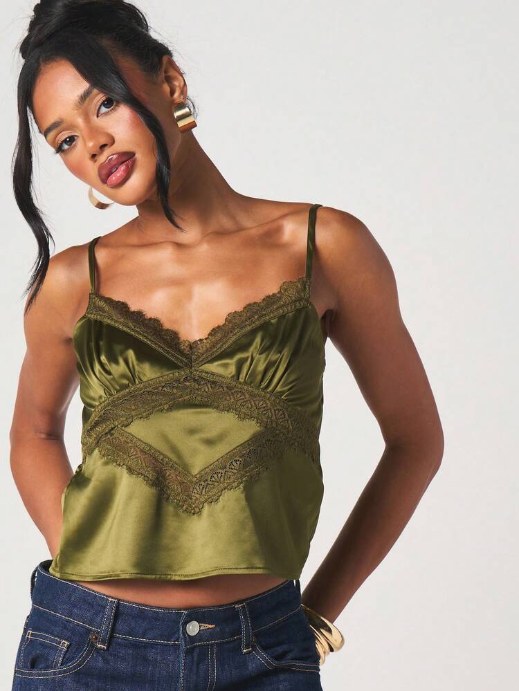 MISSGUIDED Women's Olive Green Silk Satin Camisole With Lace Trim Detail Sleeveless Elegant Evening Summer Tank Top