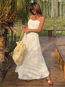 Livesso 蕾丝吊带束腰中长连衣裙，适合度假穿着 - 米色 - 查看 5