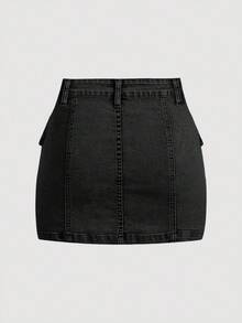 SHEIN MOD 女士实用口袋休闲修身牛仔迷你裙 - 黑色 - 查看 2