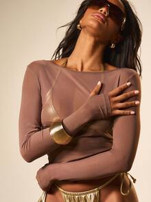 MISSGUIDED Top transparent à manches longues en maille pour femmes avec design d'imprimé de brassière métallique. Pièce de superposition transparente pour la mode automne-hiver - Tabac - Voir 3