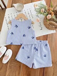 Emery Rose Kids Emery Rose Kids 两件套女童条纹圆领上衣和短裤套装 - 藍色 - 查看 2