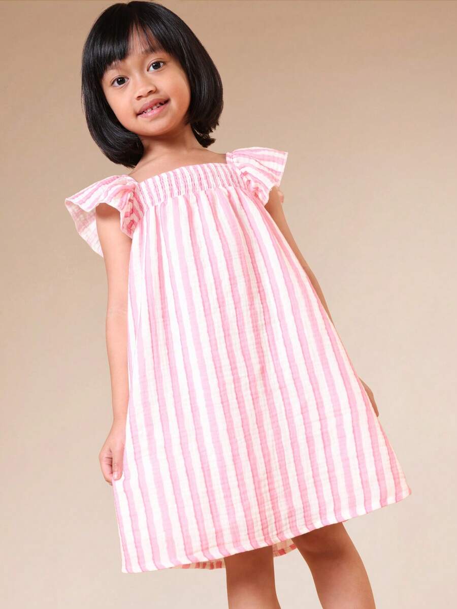 SUMWON Girls Striped Off Shoulder Ruffle Flutter Sleeve Pink White A-Line Mini Dress Summer Casual Everyday Cute - Pink - View 1