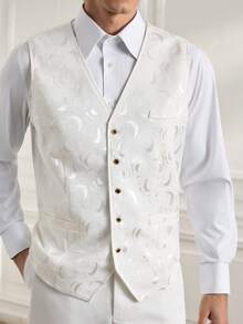 Officeau Áo vest công sở nam màu trắng in hình trăng khuyết, cổ chữ V, cài cúc phía trước, thích hợp cho trang phục trang trọng, dự tiệc cưới hoặc các dịp lễ hội. - trắng - Xem 6