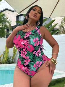 Swim SXY 大码女式热带印花连体泳衣，海滩度假 - 彩色 - 查看 4