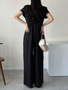 FRIFUL Bộ áo liền quần Palazzo ống rộng, tay ngắn, viền bèo nhún, thắt eo dành cho nữ. - màu đen - Xem 6