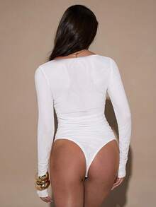 SHEIN BAE Women's Solid Color Pleated Casual Bodysuit, Versatile For Daily Wear - White - View 2