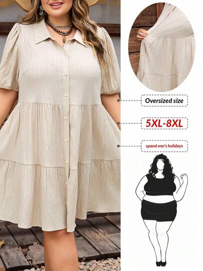SHEIN CURVE+ Curve Size US22Music Festival, Seaside Vacation, Bohemia New Vacation Khaki Ruffle Lantern Sleeve Loose Dress, Summer Sundress, Textured Fabric Plus Size Dress Button Up Dress Plus Size Tea Party Dress Curve Cream Dress Plus Size Curve Casual Dress Curve Summer Dress
