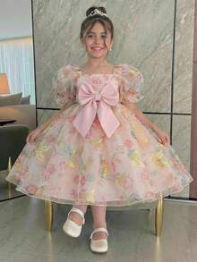 SHEIN Young Girls Summer Elegant Butterfly Pattern Organza Short Sleeve Party Dress - Pink - View 1