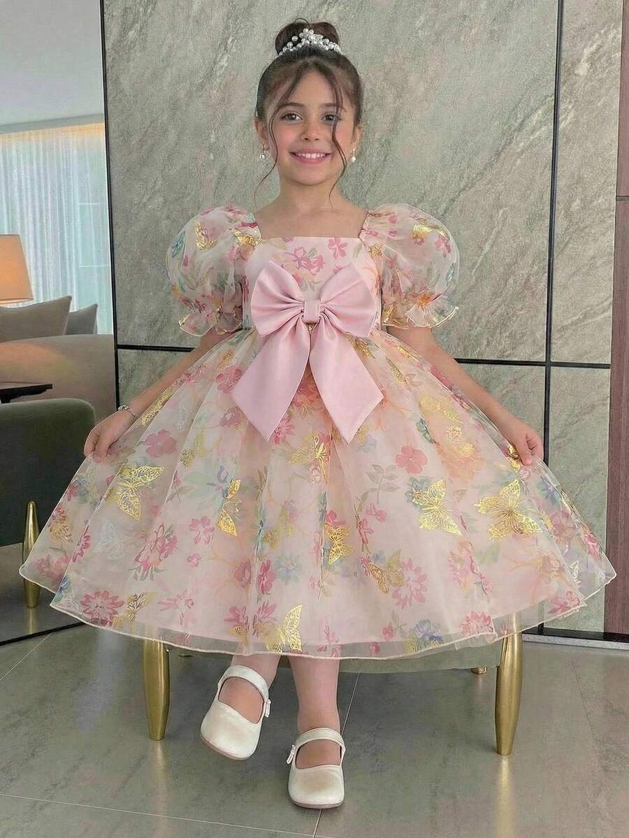 SHEIN Young Girls Summer Elegant Butterfly Pattern Organza Short Sleeve Party Dress - Pink - View 1