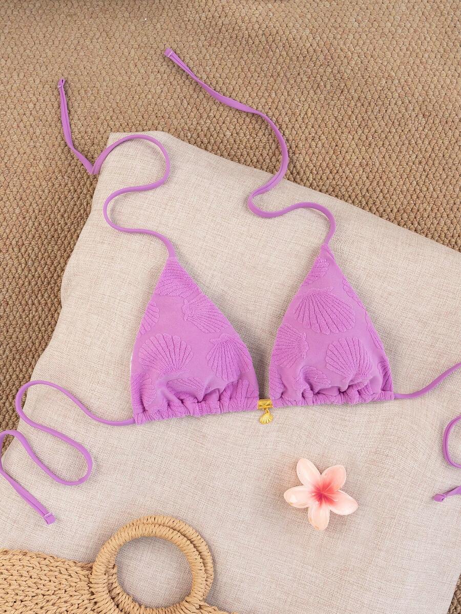 Swim Mod 随机金色贝壳印花露背三角罩杯性感泳衣上装，适合夏季度假 - 紫色 - 查看 1