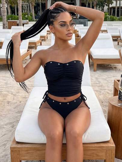 Swim Chiccia Bộ đồ bơi tankini nữ Swim Chicsea-D màu đen không dây, dây đeo có thể tháo rời, khoen kim loại, xếp ly bên hông, dây rút, kiểu dáng thường ngày, gợi cảm, thích hợp đi biển.
