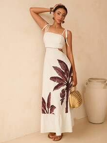 Lyxana 椰树印花露腰连衣裙，适合度假穿着 - 杏色 - 查看 4