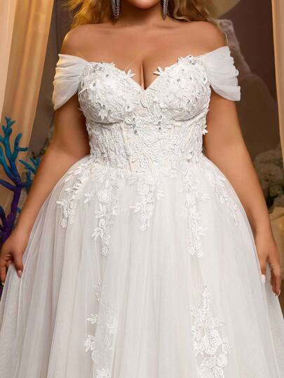 Glamrae Plus Size Elegant Romantic Embroidered Mesh Applique Off-Shoulder Puff Skirt, Plus Size Hem Wedding Bridal Gown Elegant Wedding Dress Bridal Dresses Wedding Dresses For Women Wedding Gown Off Shoulder Wedding Dress