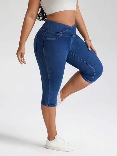 SHEIN Tall CURVE 2026 Summer Plus Size Tall CURVE Woman's Casual Summer Vacation Outfits For Women High Waist Slim Fit Casual Everyday High-Waisted Cross-Front Design Stretch Comfortable Knee-Length Denim Shorts