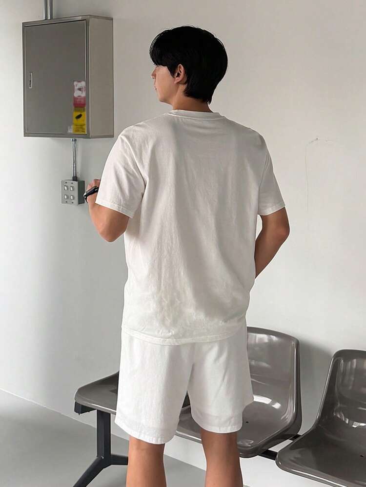 Men's Summer Short Sleeve White T-Shirt With Letter Embroidery Graphic And Matching Shorts Set
