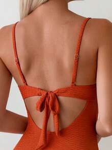 Swim Lushoire Áo tắm liền thân gợi cảm màu trơn, chất liệu vải có họa tiết, đính hạt cườm dành cho nữ, thích hợp cho kỳ nghỉ biển. - màu nâu - Xem 6