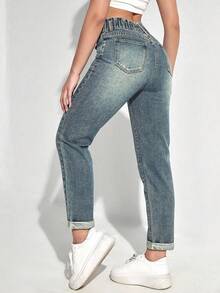 SHEIN EZwear 女士高腰口袋修身休闲百搭牛仔裤 - 藍色 - 查看 2