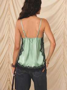Aralina 优雅缎面蕾丝饰边细肩带修身时尚度假女式吊带背心 - 薄荷綠 - 查看 3