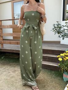 Livesso 女士印花扭结前襟抹胸阔腿连体裤，度假款 - 橄欖綠 - 查看 5