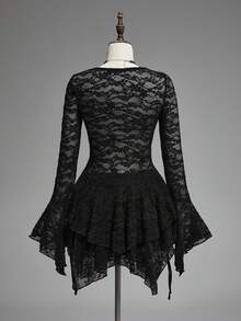ROMWE Gothic Spider Web Lace Sheer Fitted Women Blouse - Black - View 4