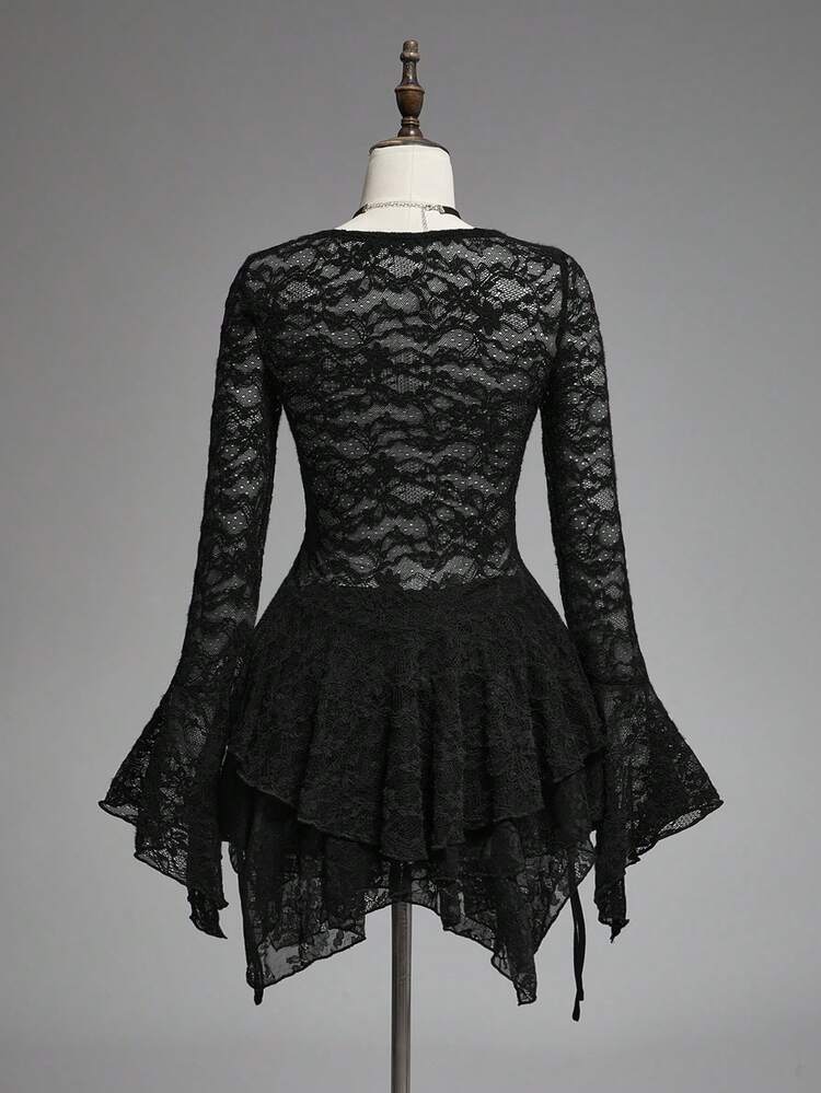 ROMWE Gothic Spider Web Lace Sheer Fitted Women Blouse - Black - View 4