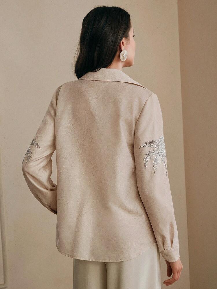 Women's New Elegant Luxurious Summer Coconut Tree Embroidered Sequin Blouse, Embroidered Beaded Sequin Embroidered Shirt, Spring/Summer Top