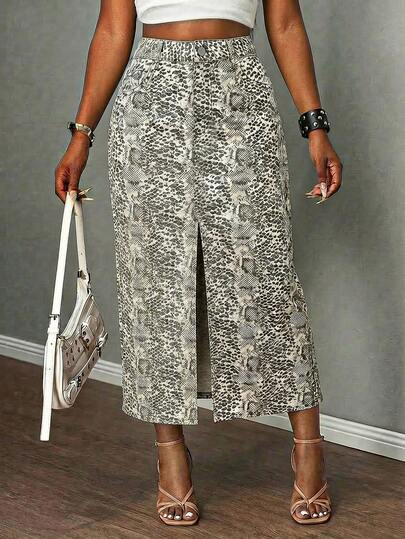 Slaydiva 女士夏季时尚蛇纹印花开衩牛仔迷你裙