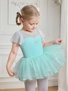 Robe de tutu de ballet pour jeunes filles, tissu vert clair à haute élasticité pour le printemps/été, manches volantées pour un look léger, jupe en tulle avec un éclat nacré, élégante et fraîche pour le port quotidien, les représentations de ballet et les pratiques - Vert menthe - Voir 8