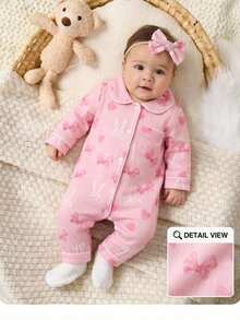 Newborn Baby Girl Cute Casual Pink Bow Pattern Lapel Romper Baby Casual Zipper Romper Baby Girl Bamboo Fiber Zip Up Newborn Bamboo Pajamas Baby Girl Bamboo Sleeper Newborn Girl Sleeping Clothes - Multicolor - View 3