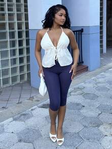 Alexandranx 女士夏季休闲 V 领露背纹理面料白色背心，适合派对、节日、约会、情人节、下午茶 - 白色 - 查看 6