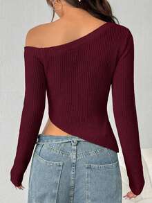 1pc Women's Sexy Off-Shoulder Solid Color Asymmetric Hem Long Sleeve Sweater - Burgundy - View 2