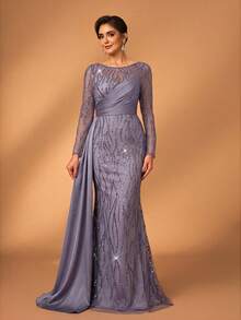 Serin 优雅奢华的串珠亮片花卉拼接弹力缎面薄纱长袖鱼尾连衣裙，适合婚礼、派对、度假、舞会、新娘母亲晚礼服 - 淺灰紫 - 查看 6