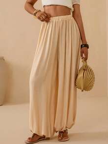 Vesra Women's Solid Color Pleated Casual Versatile Daily Wear Lantern Pants - Apricot - View 5