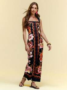 CAJUNI 女士休闲度假热带花卉印花黑色露肩针织中长连衣裙，约会连衣裙，优雅连衣裙，带口袋女士长款连衣裙，夏季长裙，吊带长裙 - 黑色 - 查看 4