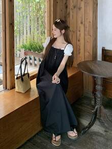 DAZY 女士夏季优雅褶皱中长连衣裙，百搭吊带裙 - 黑色 - 查看 6