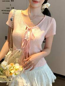 DAZY Maglietta casual estiva da donna a maniche corte con nodo frontale, tinta unita - Rosa - Visualizzare 7