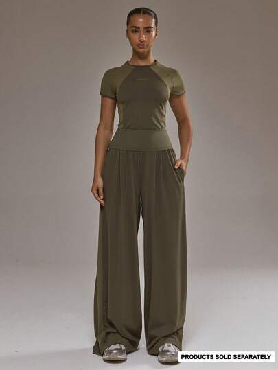 Musera Sport Sport Foldover Waistband Contrast Panel Wide Leg Trousers Co-Ord Bottom Only Active Sport Gym Workout Lounge Padel Fitness Yoga Pilates Daily Casual